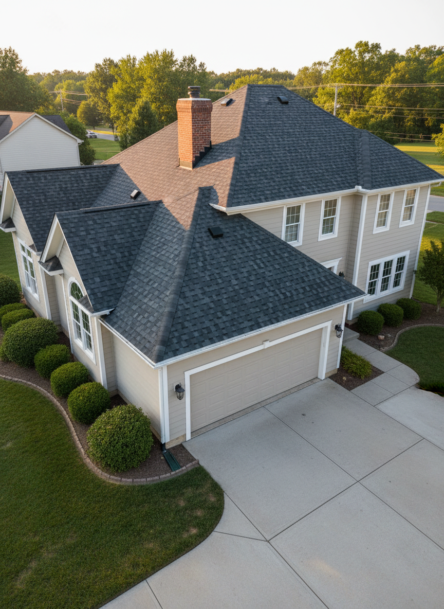 A freshly restored residential roof with dark charcoal architectural shingles, each tab sharply defined and perfectly aligned, stretches across a tidy suburban home. The clean roof surface shows crisp ridge caps, new flashing around a brick chimney, and neatly seated vent boots. Surrounding the house is a well-kept lawn and a simple concrete driveway. Captured in bright late-afternoon natural light, sunlight glances across the shingles, revealing their granular texture and subtle color variation while casting soft shadows along the ridgeline. Shot from a slightly elevated, three-quarter angle with sharp focus throughout, the composition emphasizes craftsmanship and durability. The photographic realism, clean lines, and balanced framing convey professionalism, reliability, and long-term protection.