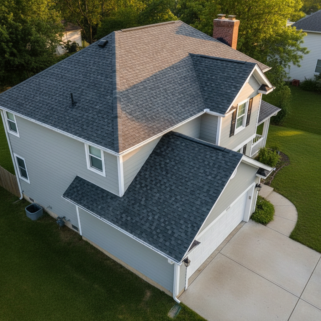A freshly restored residential roof with dark charcoal architectural shingles, each tab sharply defined and perfectly aligned, stretches across a tidy suburban home. The clean roof surface shows crisp ridge caps, new flashing around a brick chimney, and neatly seated vent boots. Surrounding the house is a well-kept lawn and a simple concrete driveway. Captured in bright late-afternoon natural light, sunlight glances across the shingles, revealing their granular texture and subtle color variation while casting soft shadows along the ridgeline. Shot from a slightly elevated, three-quarter angle with sharp focus throughout, the composition emphasizes craftsmanship and durability. The photographic realism, clean lines, and balanced framing convey professionalism, reliability, and long-term protection.