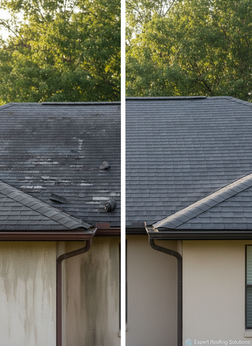 A side-by-side, split-roof scene on a single residential home, with one half clearly damaged and the other half fully restored. On the left, curling, faded shingles, missing tabs, and a stained, sagging roof edge show obvious water damage. On the right, new, deep gray dimensional shingles, straight lines, and perfectly aligned drip edge demonstrate a complete restoration. The house sits in a quiet neighborhood with leafy trees slightly blurred in the background. Captured at eye level in bright but soft morning light, gentle shadows accentuate the contrast between old and new. The photographic, high-resolution composition uses a centered split to highlight transformation, conveying hope, renewal, and the tangible results of expert roofing work.