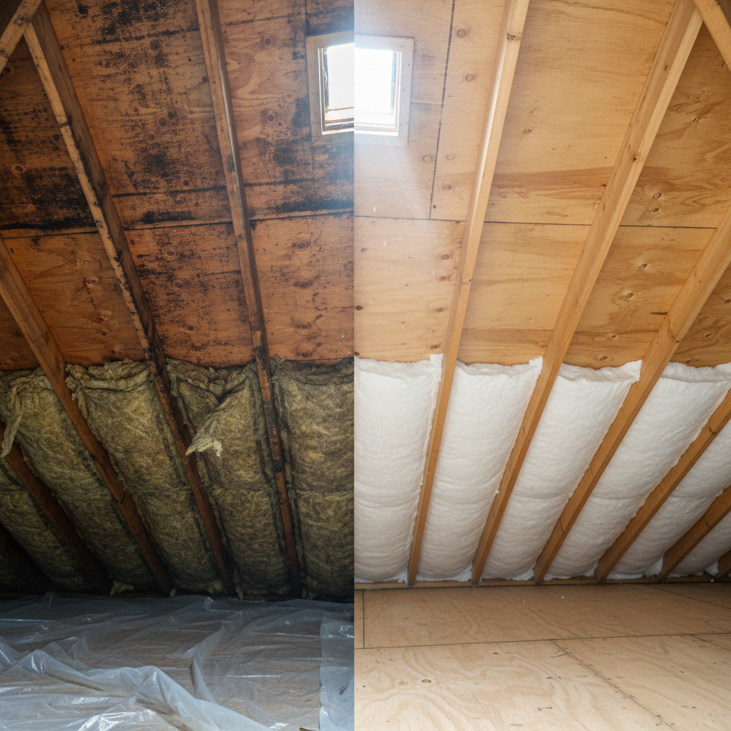A carefully staged attic interior showing a clear before-and-after of water and mold restoration on roof decking and rafters. On the left side, dark water stains, minor surface mold, and discolored insulation are visible on rough plywood and beams. On the right, the same structure appears fully remediated: clean, treated wood with a faint, uniform sealant finish and fresh, neatly laid insulation. A small roof vent allows soft daylight to filter in, illuminating dust motes and creating gentle, directional beams across the space. Photographed from a low, wide angle with sharp focus, the image feels clinical yet reassuring, emphasizing thorough remediation and attention to structural health in a realistic, professional style.