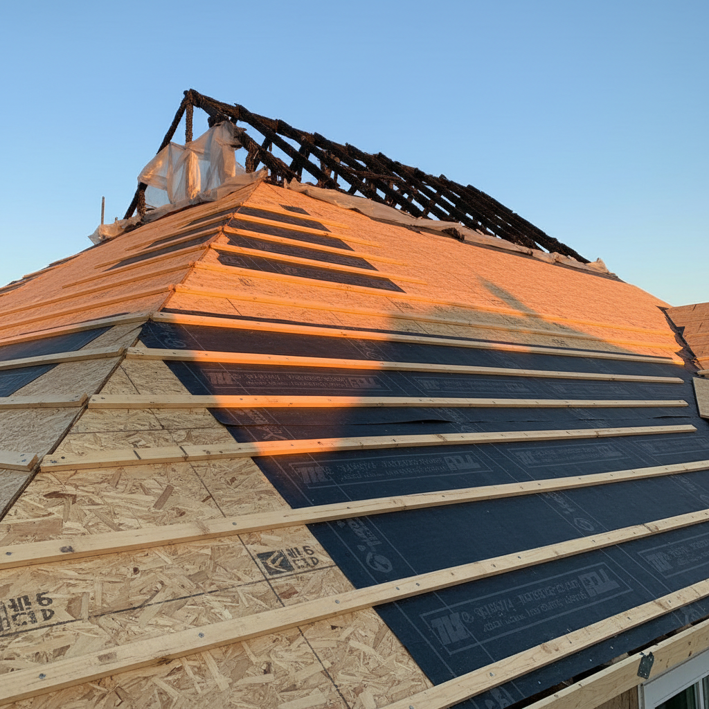 A dramatic, photographic roof scene showing a home mid-restoration after a severe fire, with the focus on the rebuilt section rather than the damage. The foreground highlights new engineered trusses, clean OSB roof sheathing, and precisely installed underlayment, all in crisp detail. In the distant background, a small area of charred, blackened framing remains, clearly segregated and awaiting removal. Warm, golden-hour sunlight grazes the new lumber, bringing out rich wood grain and casting strong yet controlled shadows that emphasize geometric lines and structural order. Shot from a low angle, looking up along the roof slope toward a clear sky, the composition communicates resilience, progress, and expert structural restoration work without showing any people.