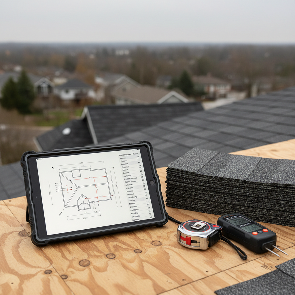 A close-up, photographic view of a roofing inspector’s digital tablet resting on a clean, unfinished plywood roof deck next to a stack of new asphalt shingles. The tablet screen shows a detailed roof diagram with measurements and estimate line items, while a metal tape measure and moisture meter lie neatly beside it. The background reveals a partially shingled roof and a distant, blurred neighborhood skyline. Gentle overcast daylight creates even, diffused lighting, minimizing harsh shadows and highlighting the precise textures of wood grain, shingle granules, and brushed metal tools. Framed from a slightly elevated angle with shallow depth of field, the scene feels organized, methodical, and technical, perfectly illustrating the thorough, professional estimating process for roofing and restoration projects.